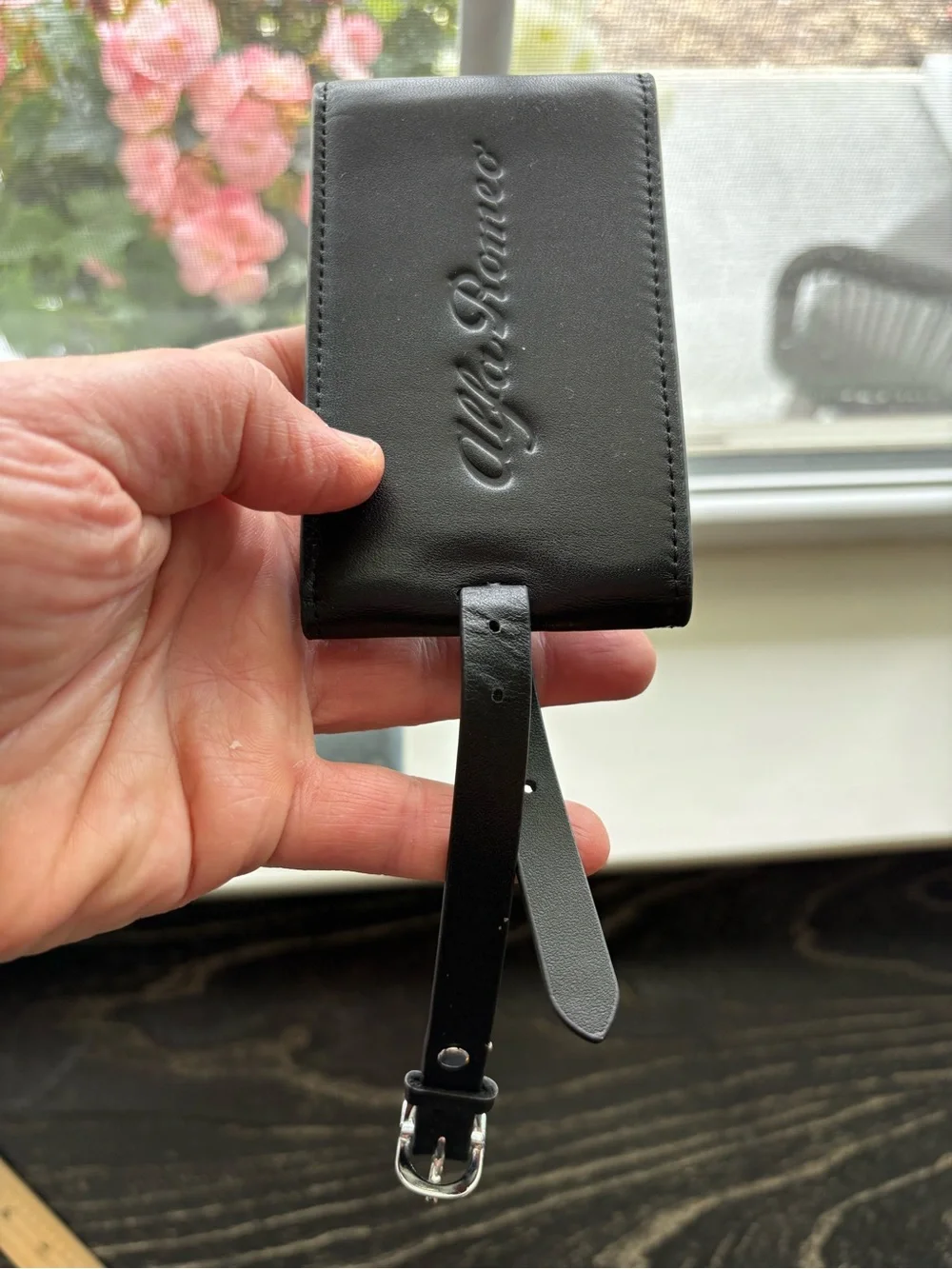 New Italian Alfa Romeo Black Leather Luggage Tag Travel Silver Hardware